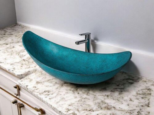 Handmade Oxidized Copper Vessel Sink: Blue Patina, Rustic Farmhouse (35.43x11.02x5.12)