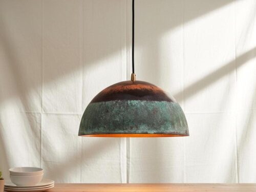 Handmade Copper Pendant Lights Set of 3: Green Patina, Rustic Farmhouse Lighting