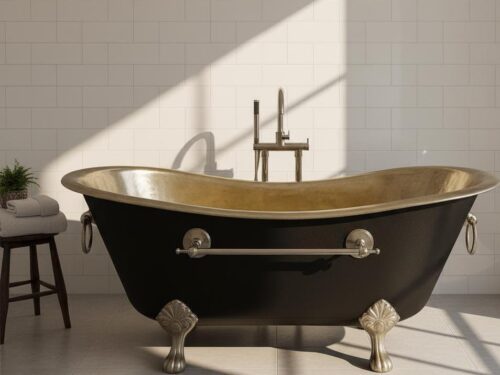 Solid Brass Clawfoot Bathtub – Black & Gold Freestanding Soaking Tub, Handmade Solid Brass Vintage Bath