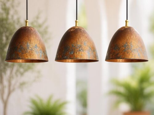 Set of 3 Aged Copper Dome Pendant Lights, Rustic Farmhouse Kitchen Island Lighting, Handcrafted Vintage Ceiling Fixtures